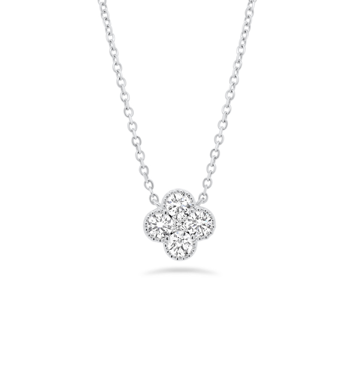 Diamond Flower Pendant  - 18K gold weighing 2.38 grams  - 4 round diamonds totaling 0.37 carats  - 0.03 ct princess-cut diamond