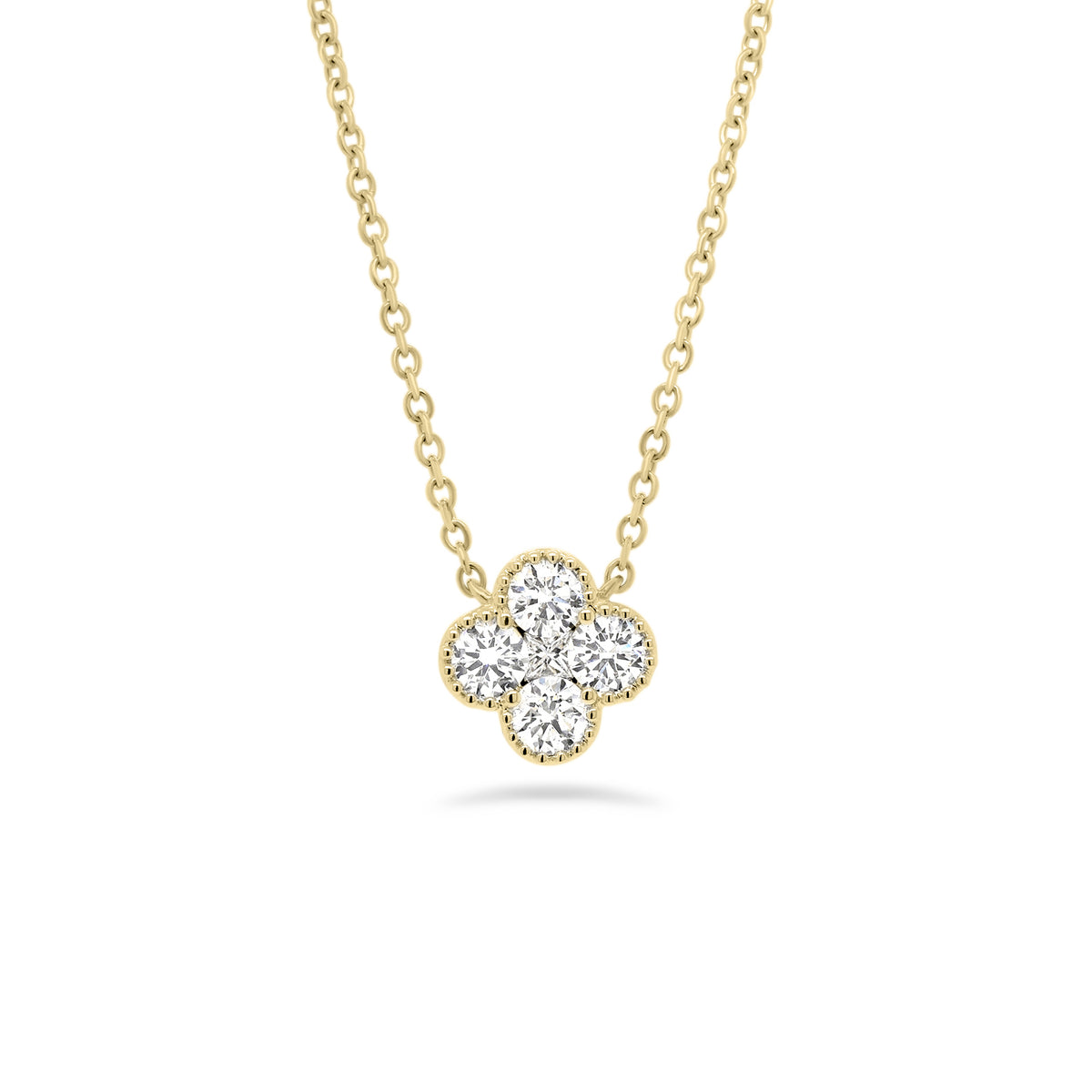 Diamond Flower Pendant  - 18K gold weighing 2.38 grams  - 4 round diamonds totaling 0.37 carats  - 0.03 ct princess-cut diamond