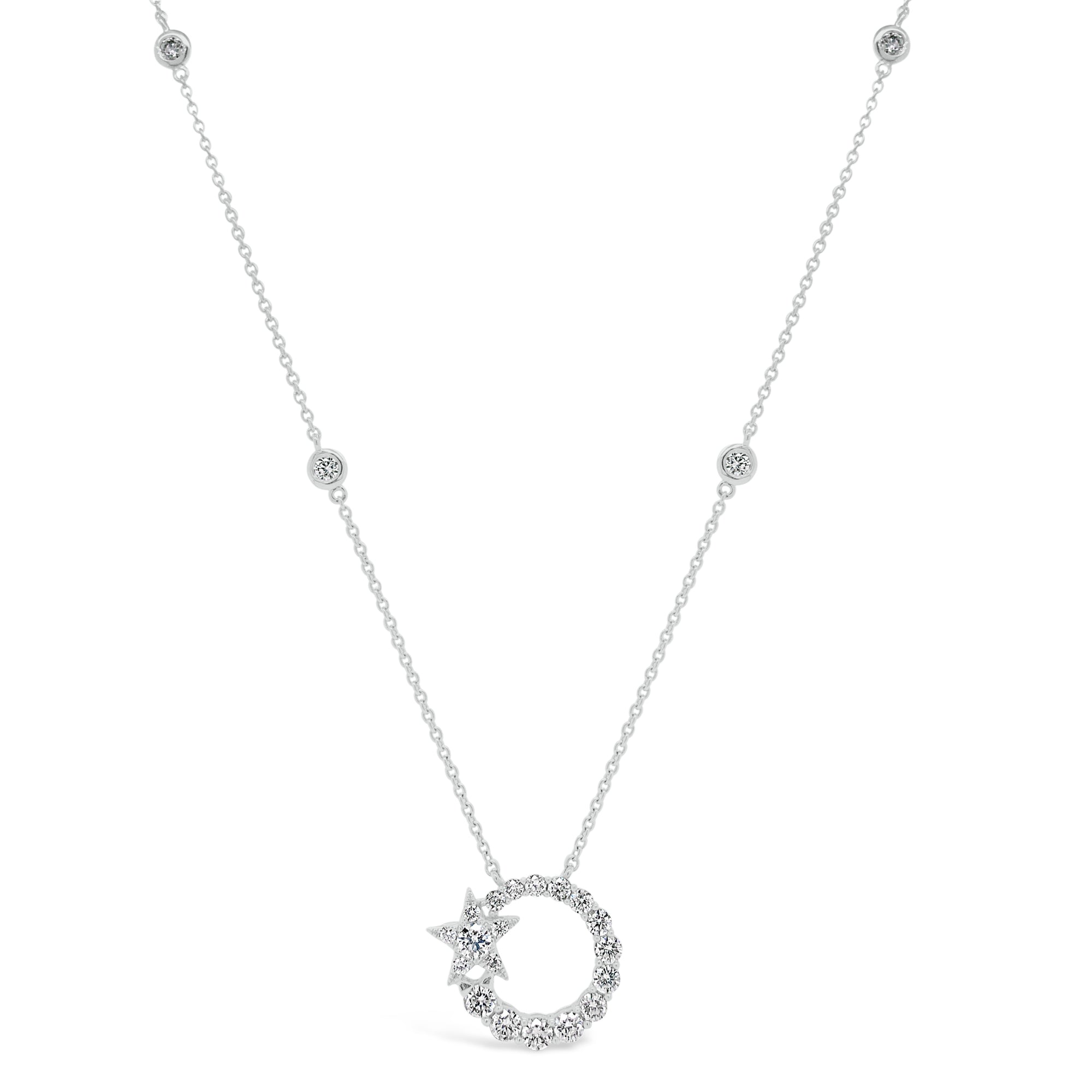 Diamond Circle Pendant Necklace with Star   - 18K gold weighing 4.67 grams.   - 32 round diamonds totaling 0.86 carats.