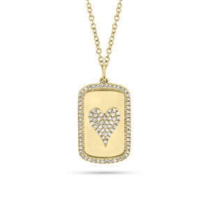 Pave Diamond Heart Dog Tag Necklace  - 14K gold weighing 2.39 grams  - 36 round diamonds totaling 0.18 carats