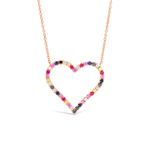 Diamond & Rainbow Gemstone Heart Pendant Necklace -14k rose gold weighing 3.30 grams -31 multi-colored stones weighing .57 carats -9 round diamond weighing .12 carats