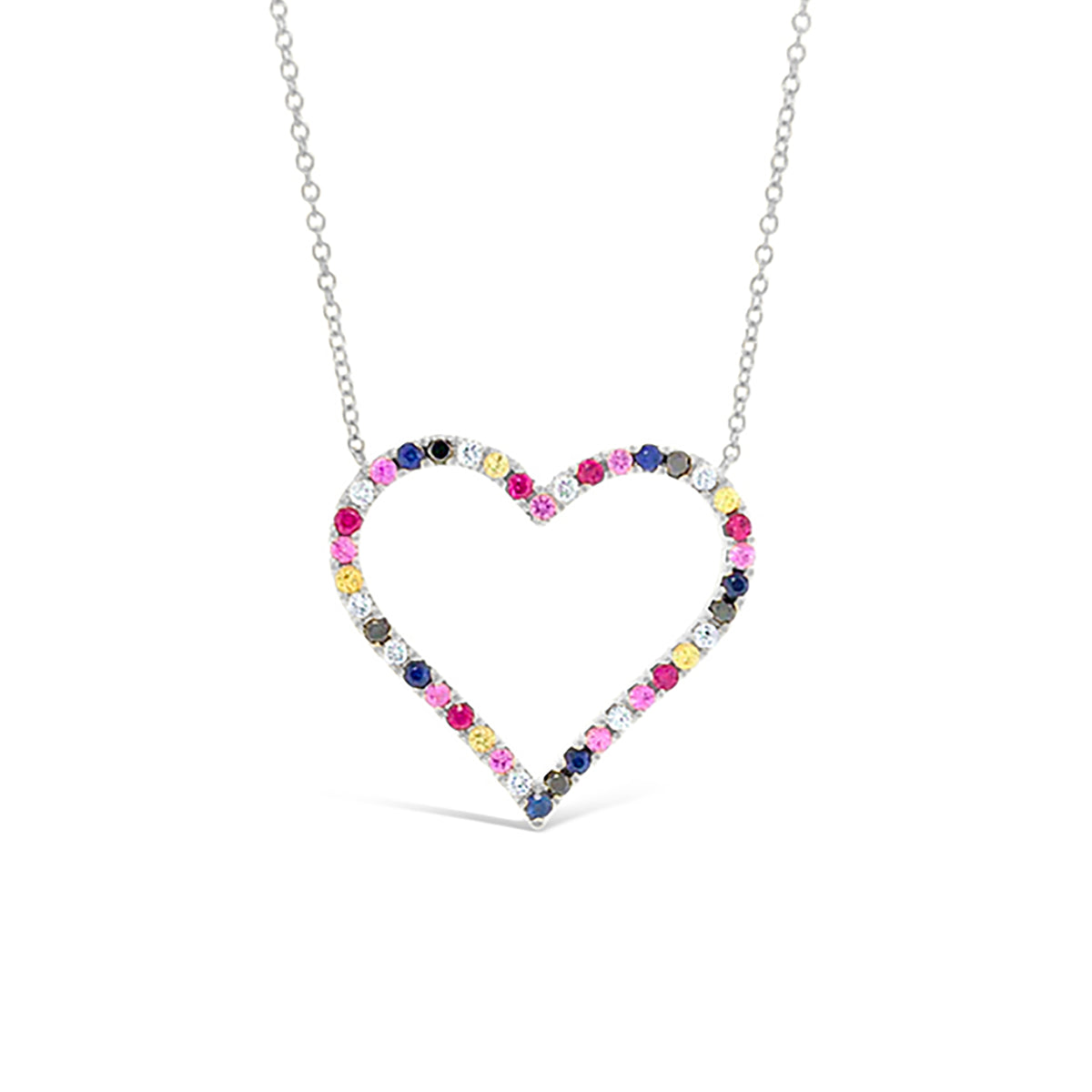 Diamond & Rainbow Gemstone Heart Pendant Necklace -14k white gold weighing 3.30 grams -31 multi-colored stones weighing .57 carats -9 round diamond weighing .12 carats