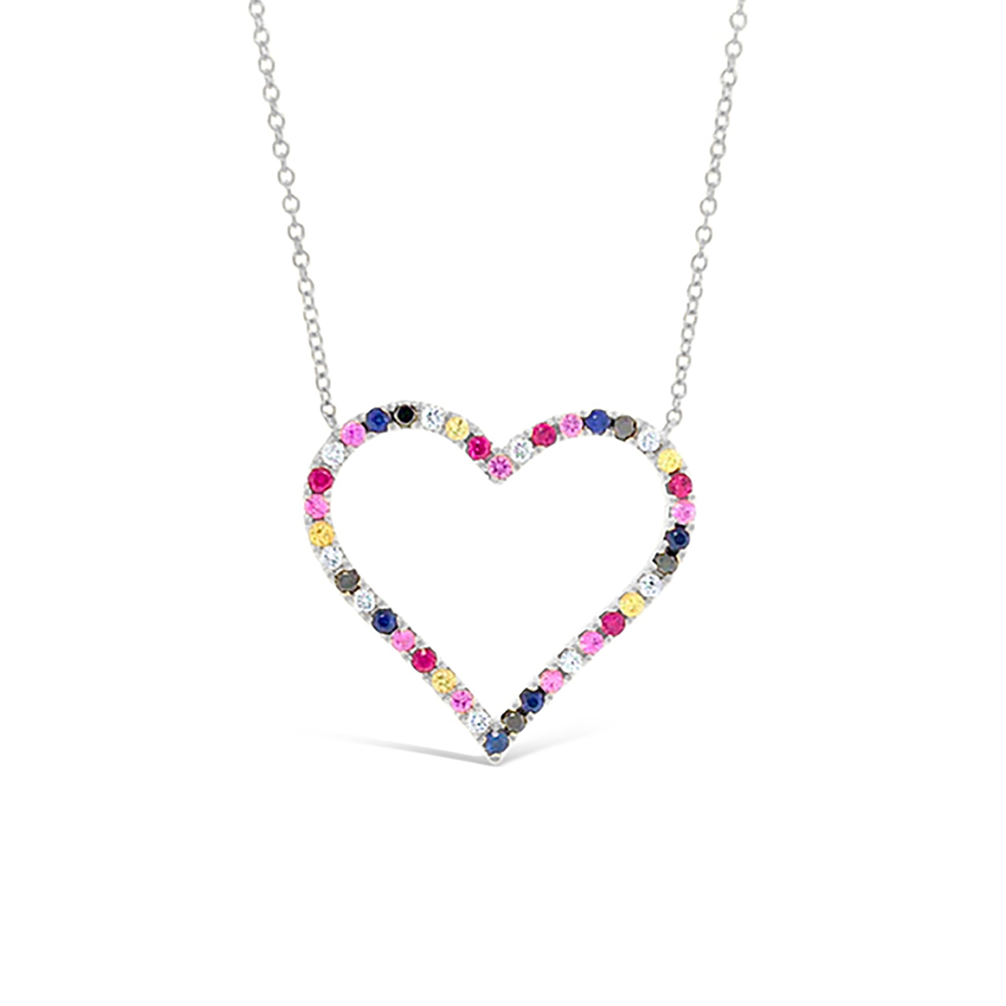 Diamond & Rainbow Gemstone Heart Pendant Necklace -14k rose gold weighing 3.30 grams -31 multi-colored stones weighing .57 carats -9 round diamond weighing .12 carats