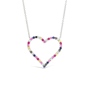Diamond & Rainbow Gemstone Heart Pendant Necklace -14k white gold weighing 3.30 grams -31 multi-colored stones weighing .57 carats -9 round diamond weighing .12 carats