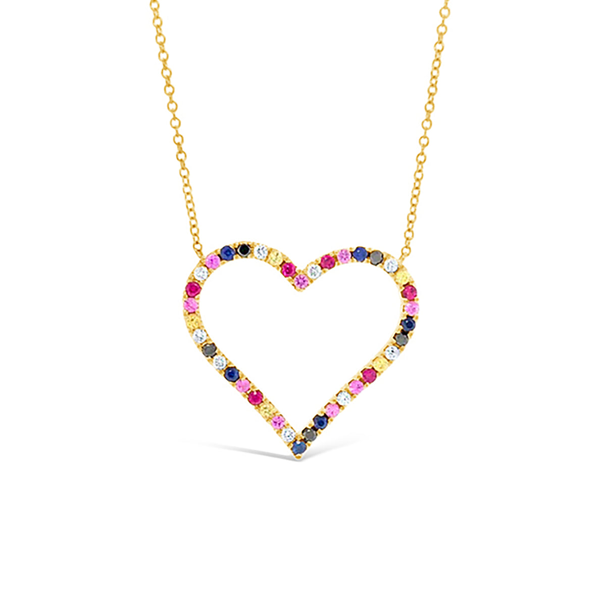 Diamond & Rainbow Gemstone Heart Pendant Necklace -14k yellow gold weighing 3.30 grams -31 multi-colored stones weighing .57 carats -9 round diamond weighing .12 carats