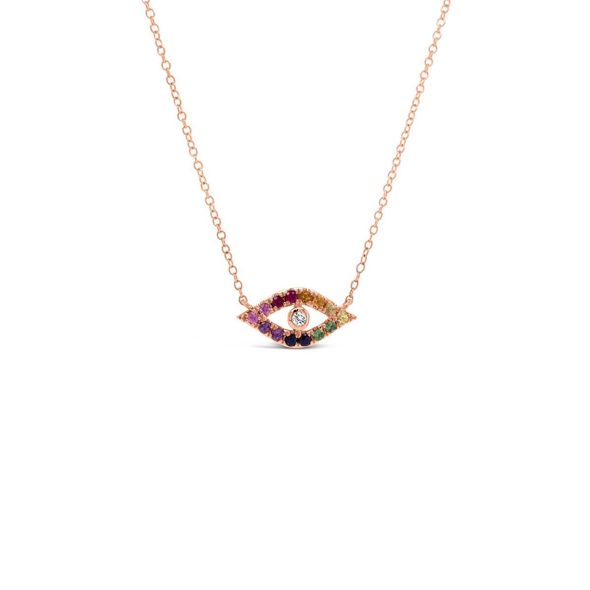 Rainbow Gemstone Evil Eye Necklace -14 K weighing 2.14GR -14 MC Diamonds, 0.25 ct total carat weight (gemstones) -1 round 0.02 ct diamond