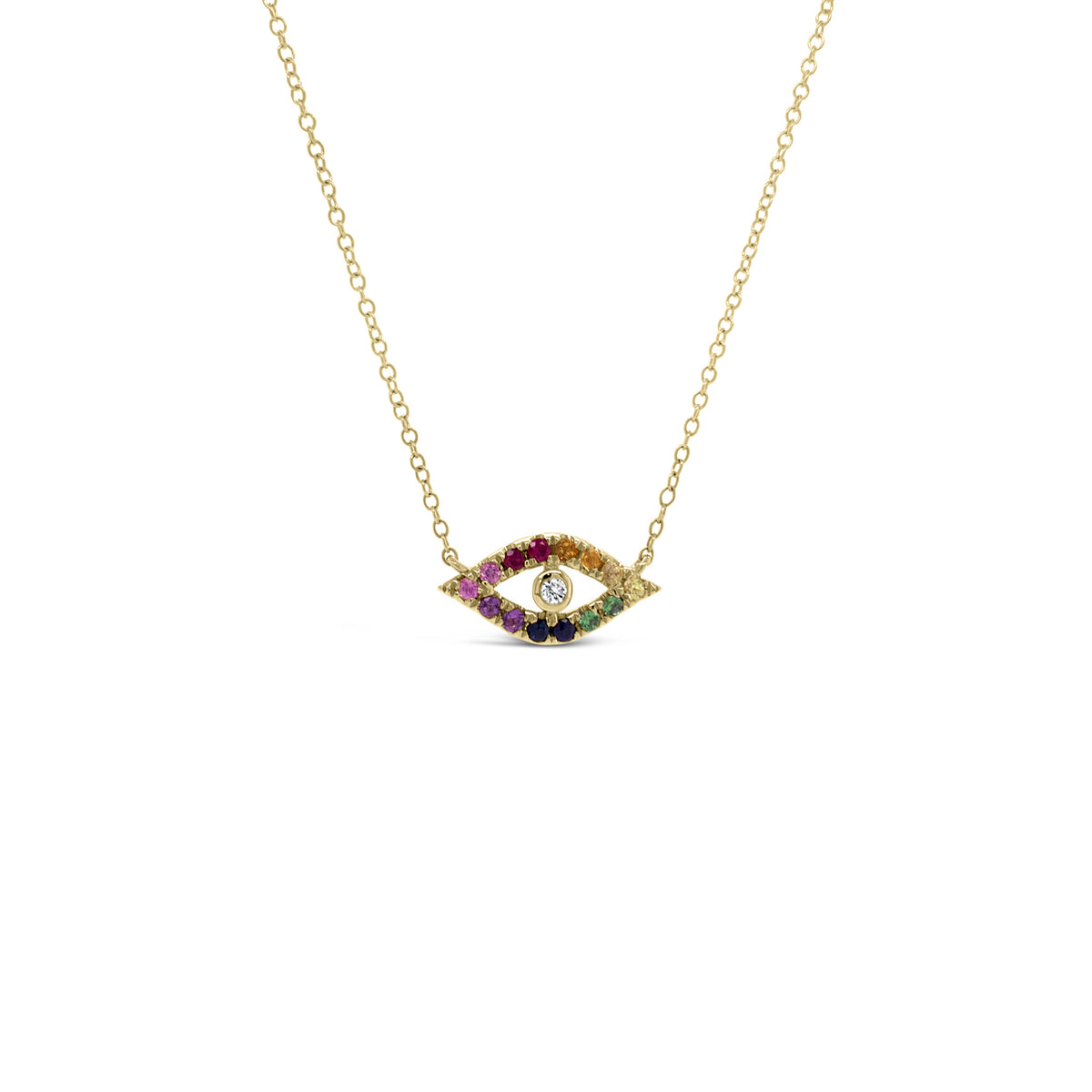 Rainbow Gemstone Evil Eye Necklace -14 K weighing 2.14GR -14 MC Diamonds, 0.25 ct total carat weight (gemstones) -1 round 0.02 ct diamond
