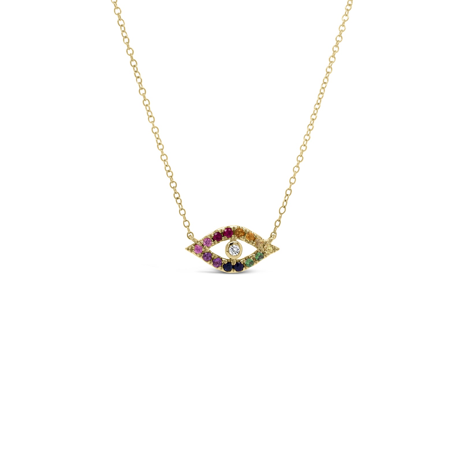 Rainbow Gemstone Evil Eye Necklace -14 K weighing 2.14GR -14 MC Diamonds, 0.25 ct total carat weight (gemstones) -1 round 0.02 ct diamond