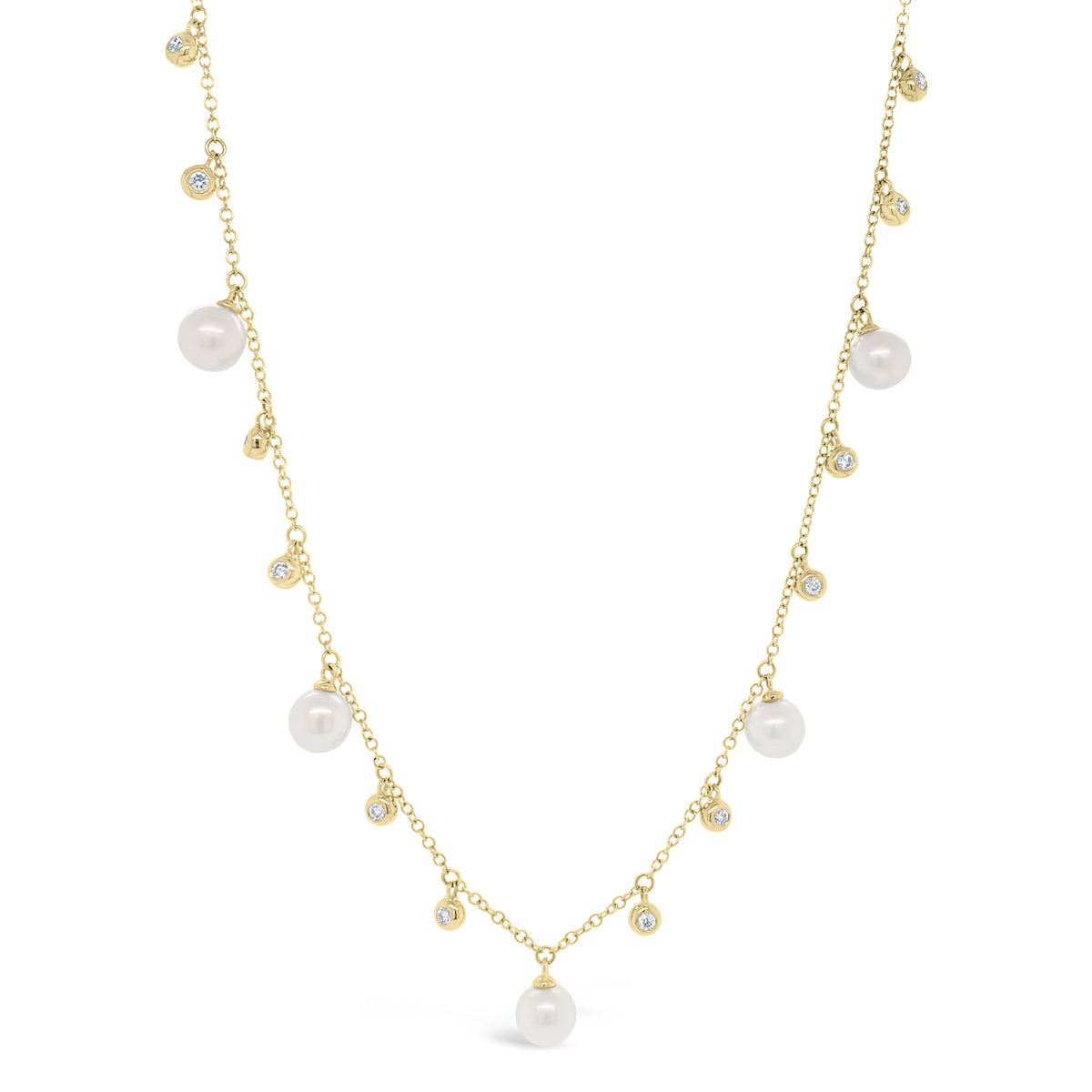 Pearl & Diamond Dangle Necklace   -14K gold weighing 2.73 grams  -12 round diamonds totaling 0.16 carats