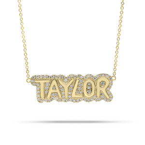 Diamond Bubble Nameplate Necklace  - 14K gold weighing 5.41 grams  - 82 round diamonds weighing 0.40 carats