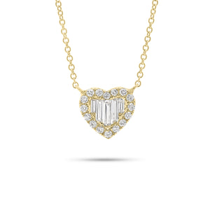 Round and Baguette Diamond Heart Pendant Necklace - 14K gold weighing 2.39 grams - 16 round diamonds weighing 0.19 carats - 5 slim baguettes weighing 0.19 carats