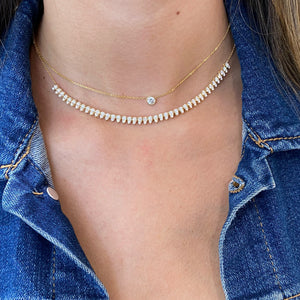 Female Model Wearing Diamond Teardrops Necklace  - 14K gold weighing 6.75 grams  - 82 round diamonds totaling 2.00 carats