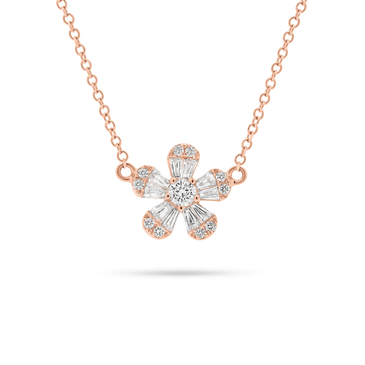 Round & Baguette Diamond Flower Necklace  - 14K gold weighing 2.38 grams  - 10 slim baguettes totaling 0.23 carats  - 11 round diamonds totaling 0.16 carats