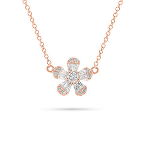 Round & Baguette Diamond Flower Necklace  - 14K gold weighing 2.38 grams  - 10 slim baguettes totaling 0.23 carats  - 11 round diamonds totaling 0.16 carats