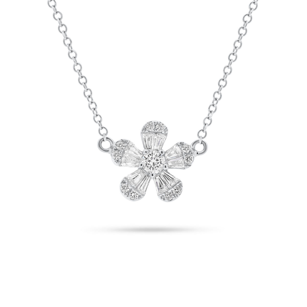 Round & Baguette Diamond Flower Necklace  - 14K gold weighing 2.38 grams  - 10 slim baguettes totaling 0.23 carats  - 11 round diamonds totaling 0.16 carats