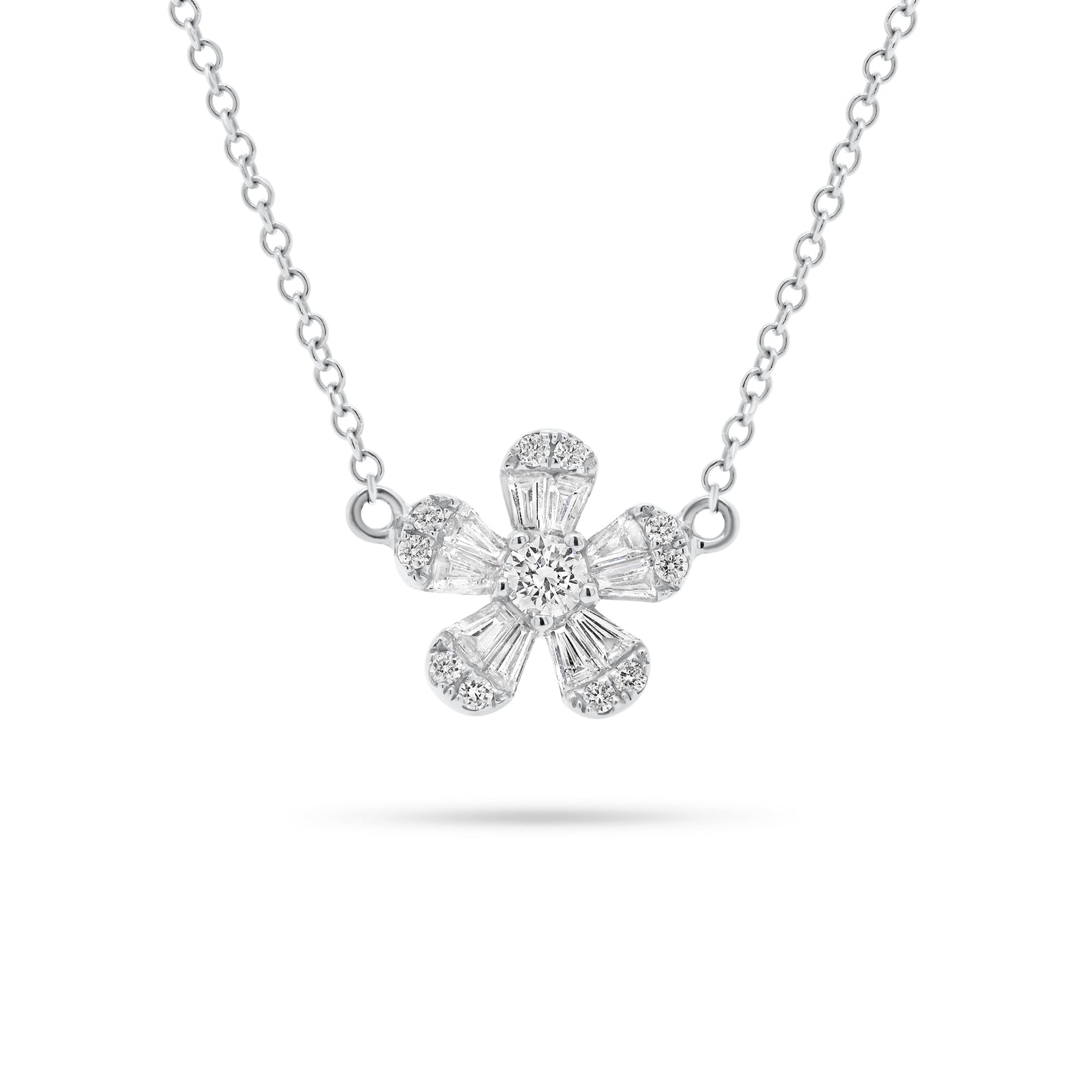 Round & Baguette Diamond Flower Necklace  - 14K gold weighing 2.38 grams  - 10 slim baguettes totaling 0.23 carats  - 11 round diamonds totaling 0.16 carats