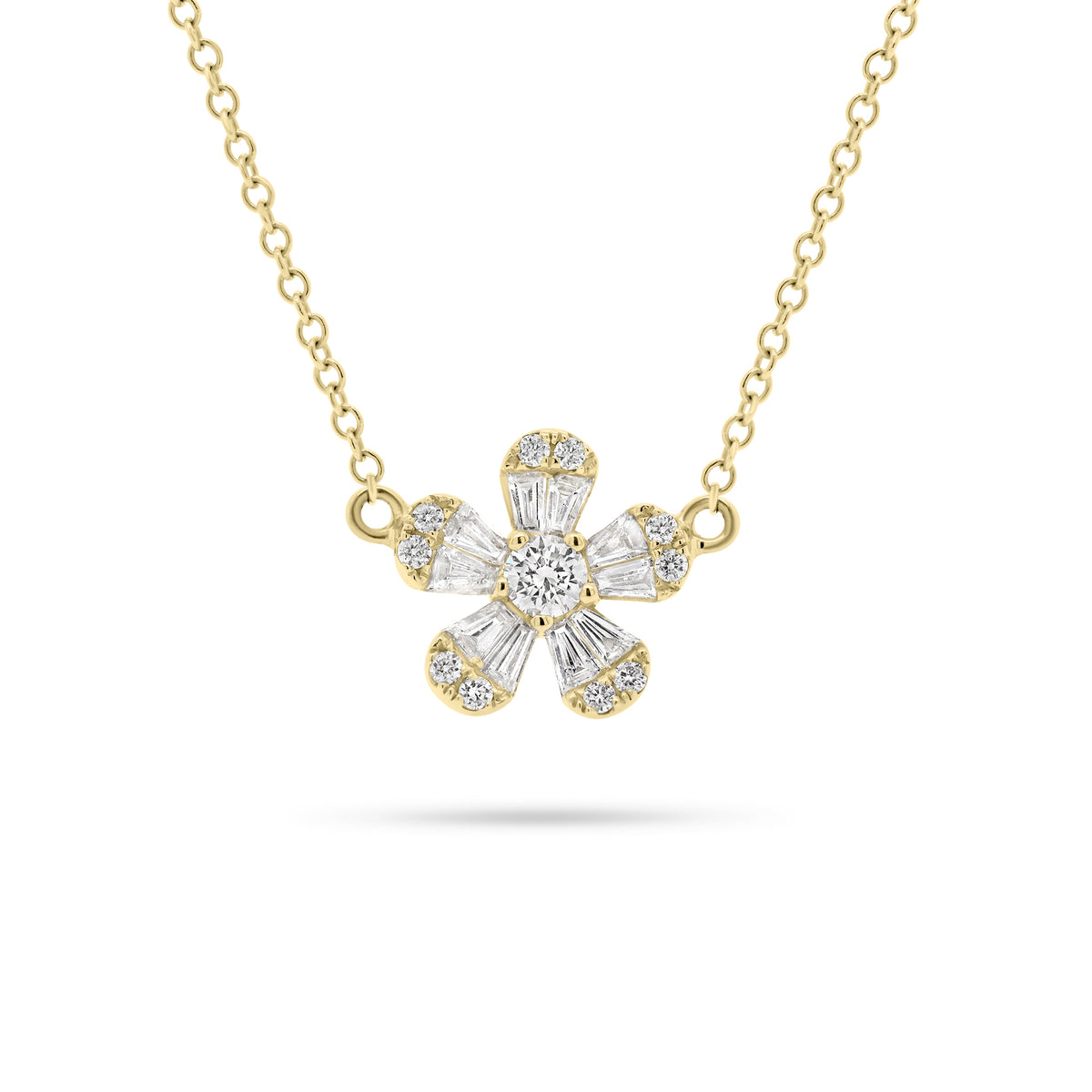 Round & Baguette Diamond Flower Necklace  - 14K gold weighing 2.38 grams  - 10 slim baguettes totaling 0.23 carats  - 11 round diamonds totaling 0.16 carats