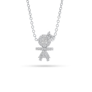 Diamond Stick Figure Girl Necklace  - 18K gold weighing 3.01 grams  - 32 round diamonds totaling 0.16 carats  - 4 princess-cut diamonds totaling 0.07 carats