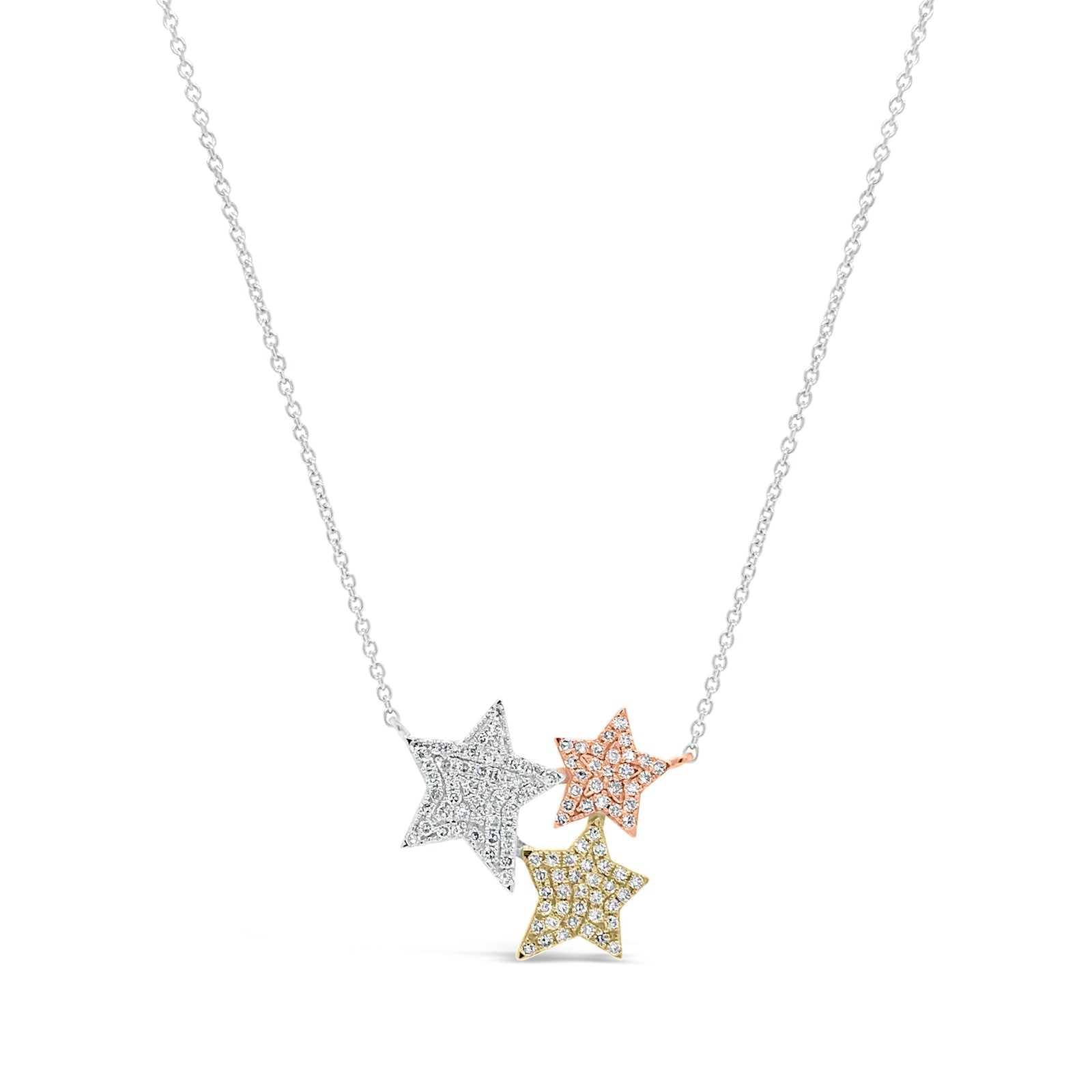 Diamond Star Trio Necklace  - 14K gold weighting 2.60 grams.  - 109 round diamond totaling 0.38 carats.