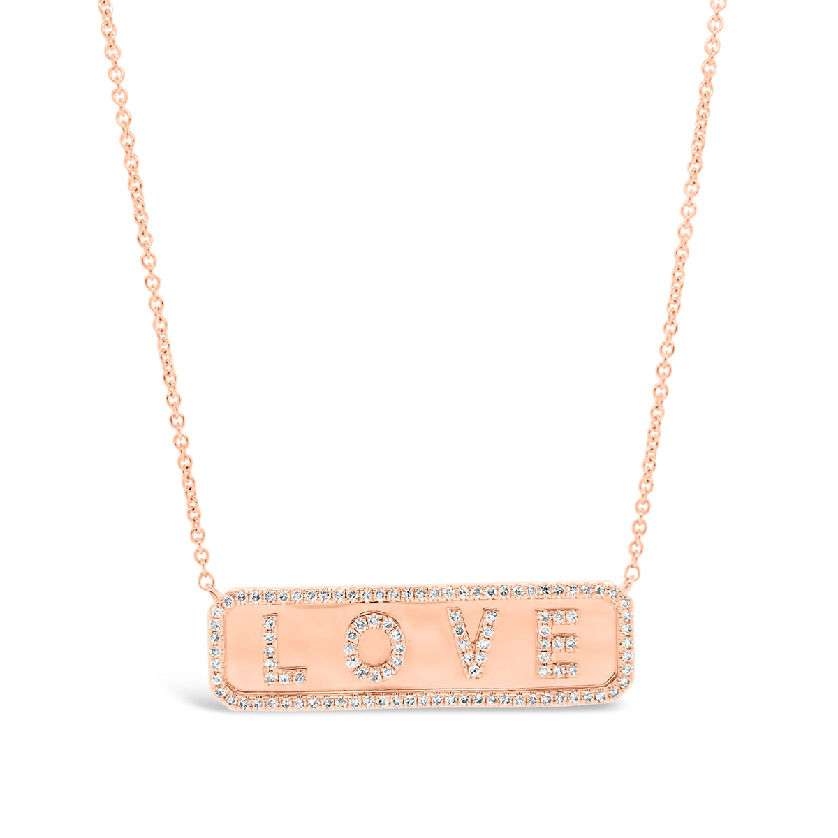 Diamond ‘LOVE’ Bar Necklace   -14K gold weighing 4.60 grams  -111 round diamonds totaling 0.37 carats