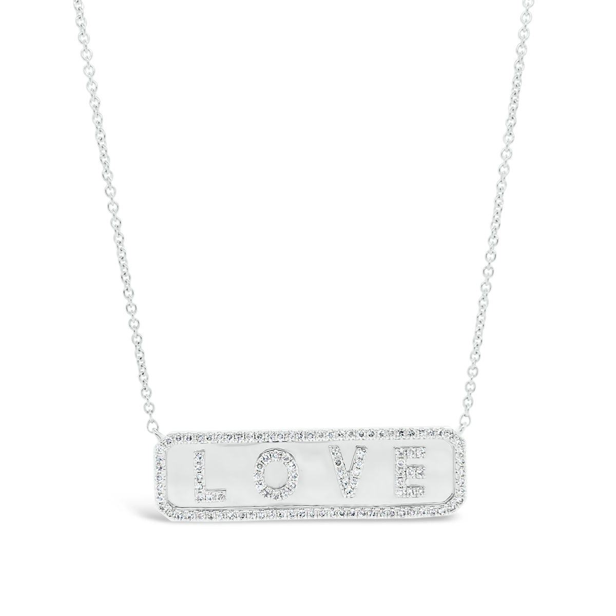 Diamond ‘LOVE’ Bar Necklace   -14K gold weighing 4.60 grams  -111 round diamonds totaling 0.37 carats