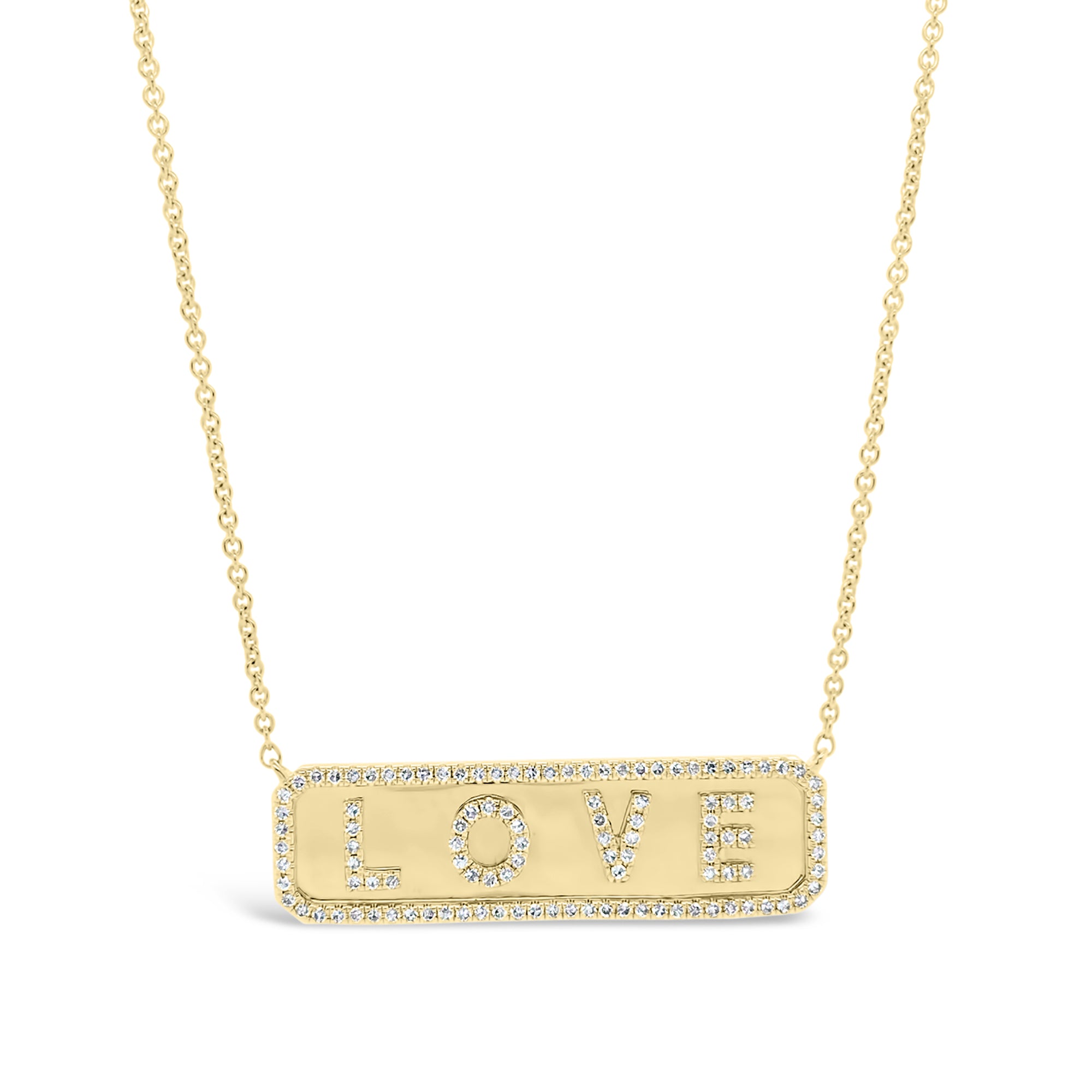 Diamond ‘LOVE’ Bar Necklace   -14K gold weighing 4.60 grams  -111 round diamonds totaling 0.37 carats