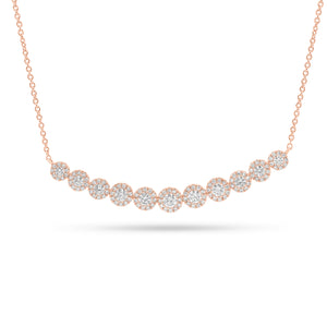 Diamond Halo Graduated Bar Necklace  -14k gold weighing 3.25 grams  -11 round diamonds weighing .66cts  -114 round diamonds weighing .38cts