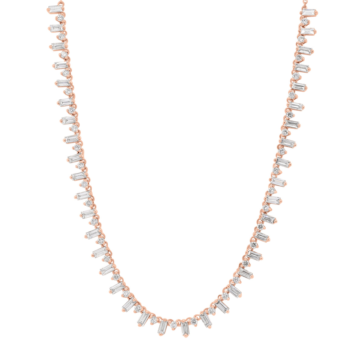 Baguette & Round Diamond Fashion Necklace  - 14K gold weighing 6.00 grams  - 38 slim baguettes totaling 1.81 carats  - 37 round diamonds totaling 0.59 carats