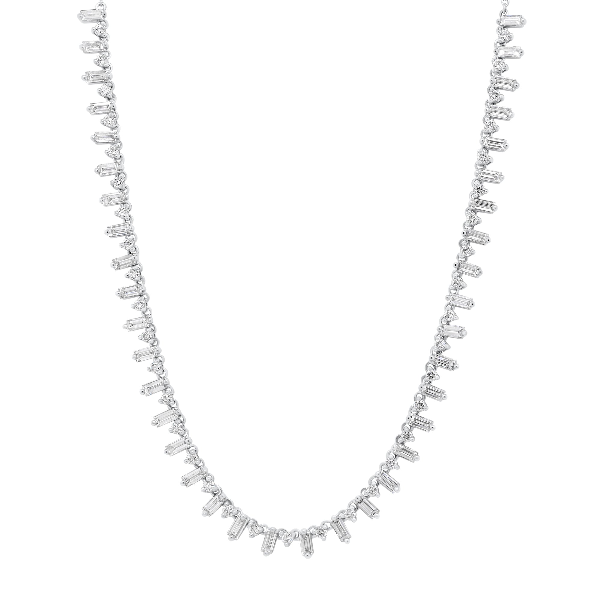 Baguette & Round Diamond Fashion Necklace  - 14K gold weighing 6.00 grams  - 38 slim baguettes totaling 1.81 carats  - 37 round diamonds totaling 0.59 carats