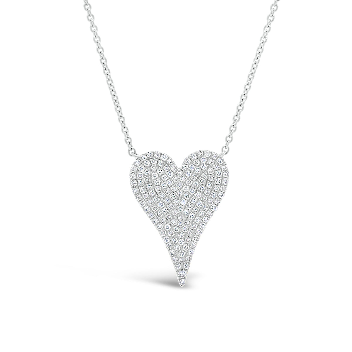 Diamond Medium Elongated Heart Pendant Necklace  -14K white gold weighing 3.50 grams  -116 round diamonds totaling 0.44 carats
