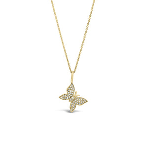 Pave Diamond Butterfly Pendant  - 14K gold weighing 2.33 grams  - 46 round diamonds totaling 0.14 carats  Available in yellow, white, and rose gold.