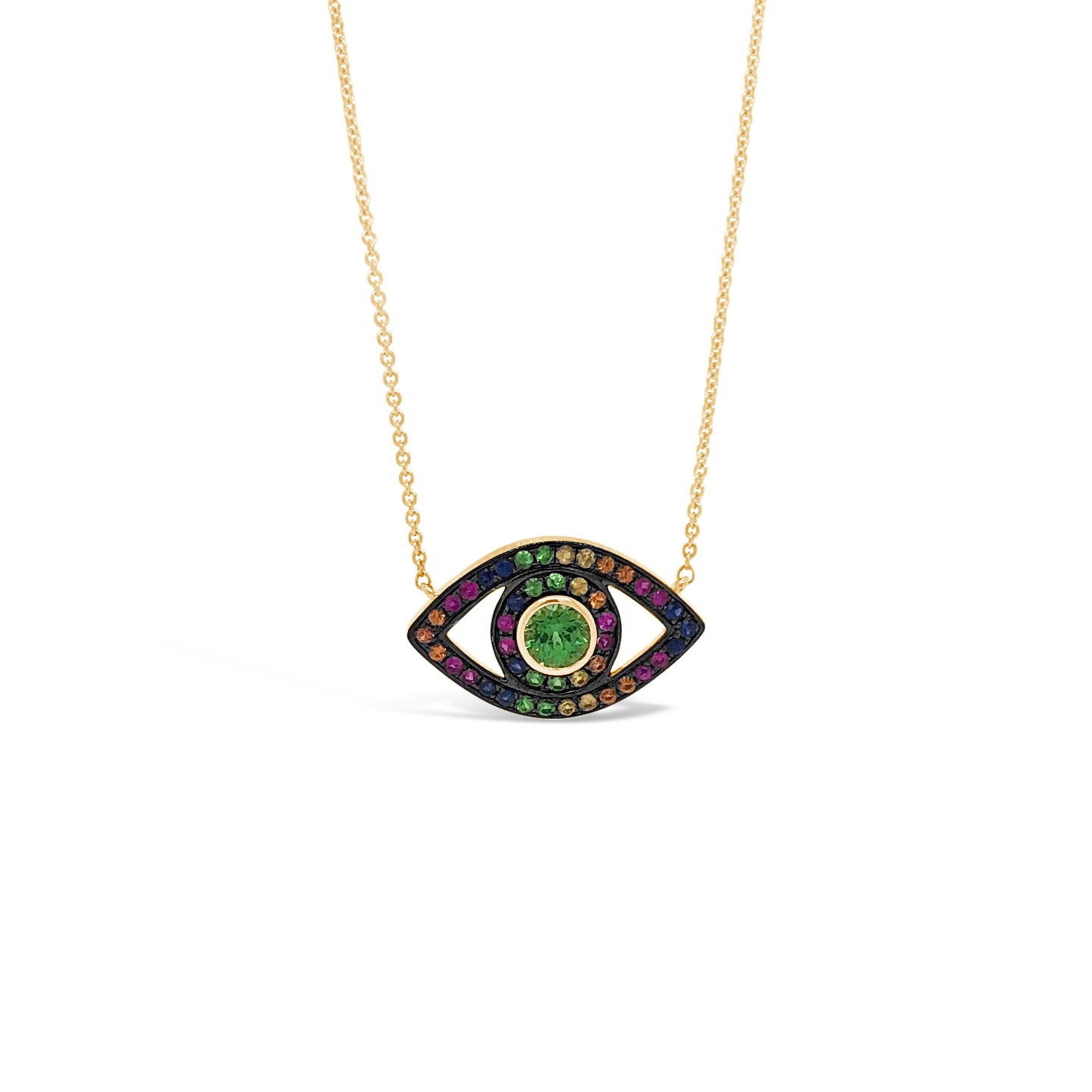Multicolor Gemstone Evil Eye Necklace  -14K gold weighing 2.79 grams  -45 multicolor gemstones weighing 0.65 carats