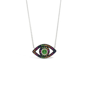 Multicolor Gemstone Evil Eye Necklace  -14K gold weighing 2.79 grams  -45 multicolor gemstones weighing 0.65 carats