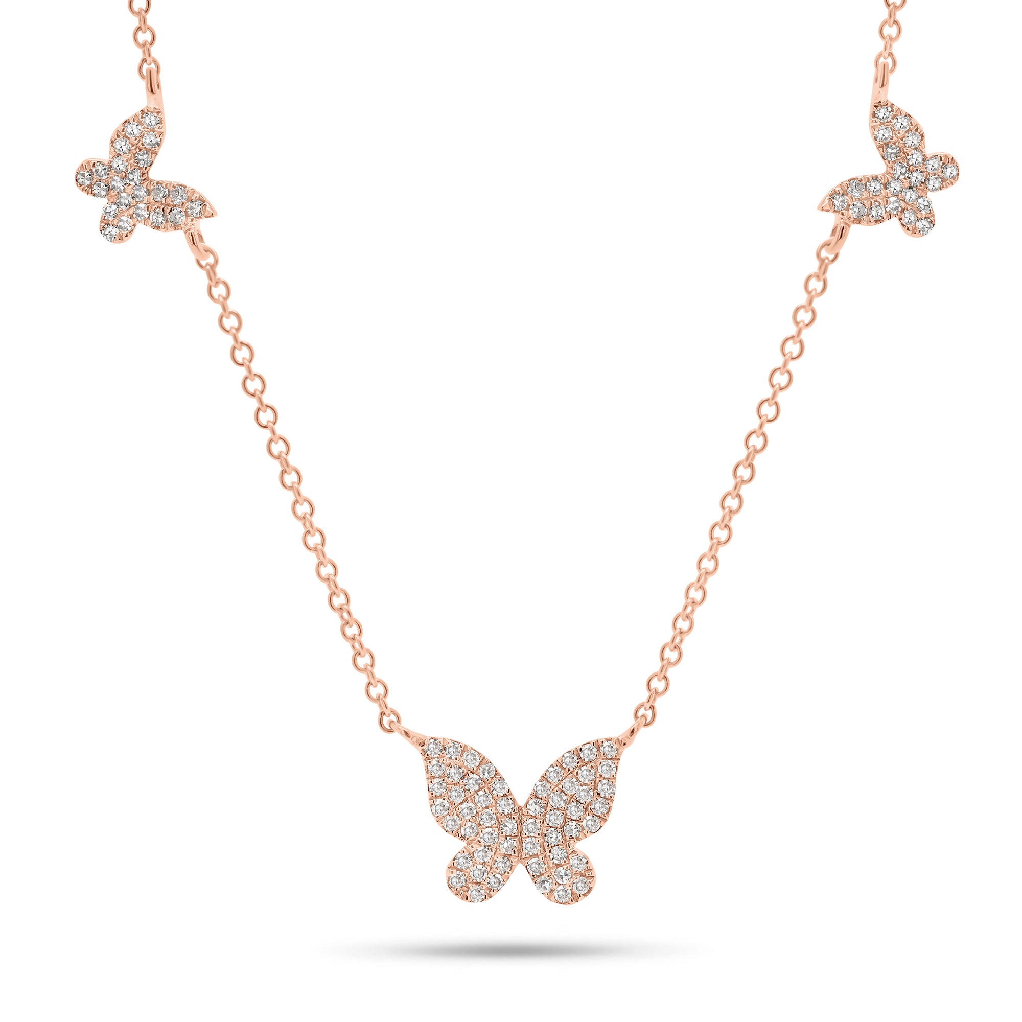 Pave Diamond Butterfly Trio Necklace - 14K gold weighing 2.0 grams  - 98 round diamonds weighing 0.23 carats