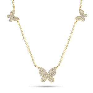 Pave Diamond Butterfly Trio Necklace - 14K gold weighing 2.0 grams  - 98 round diamonds weighing 0.23 carats