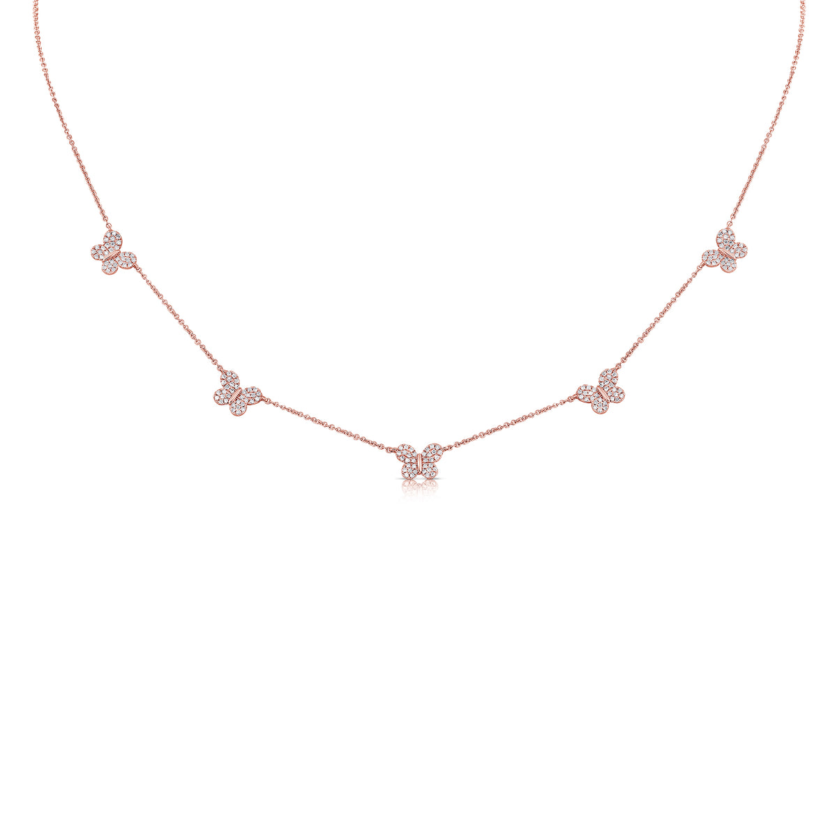 Diamond Butterfly Studded Necklace - 14K rose gold weighing 3.23 grams - 170 round diamonds totaling 0.41 carats