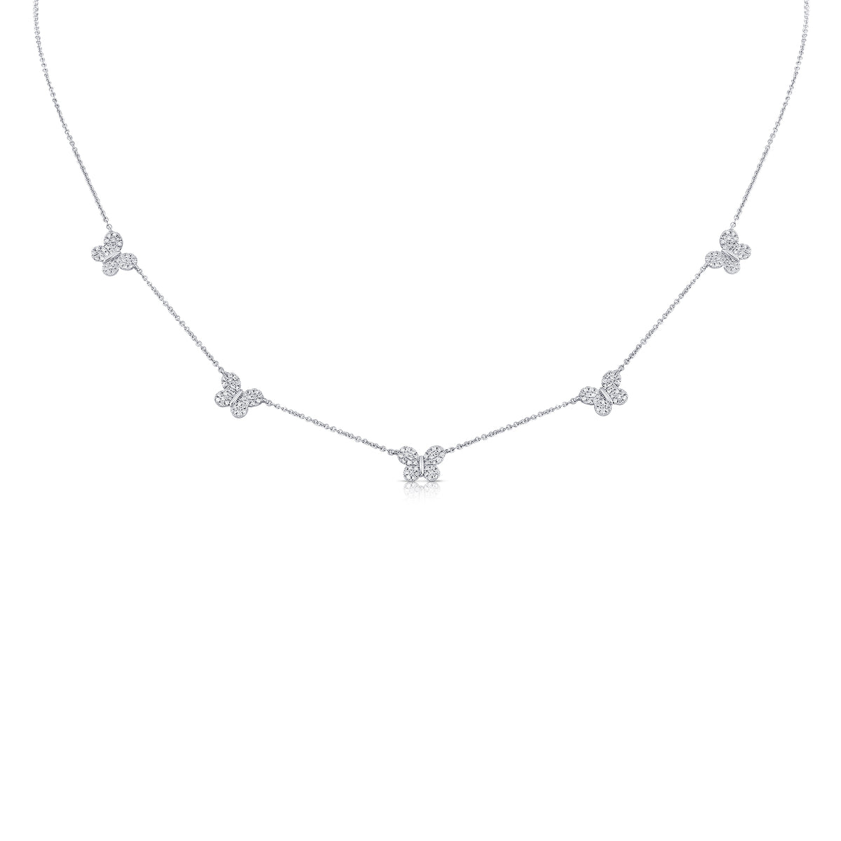 Diamond Butterfly Studded Necklace - 14K white gold weighing 3.23 grams - 170 round diamonds totaling 0.41 carats