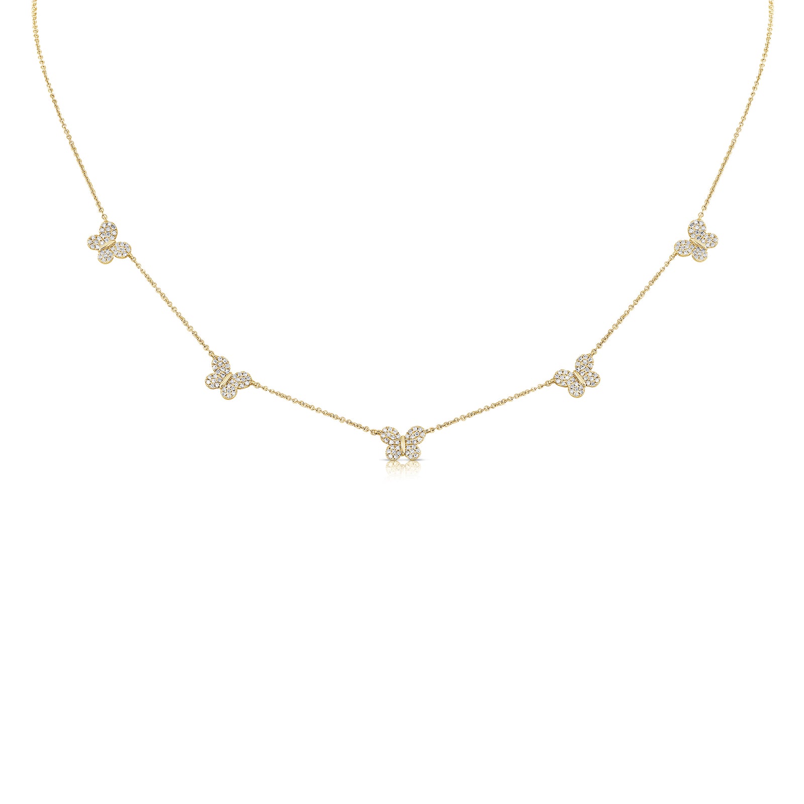 Diamond Butterfly Studded Necklace - 14K yellow gold weighing 3.23 grams - 170 round diamonds totaling 0.41 carats
