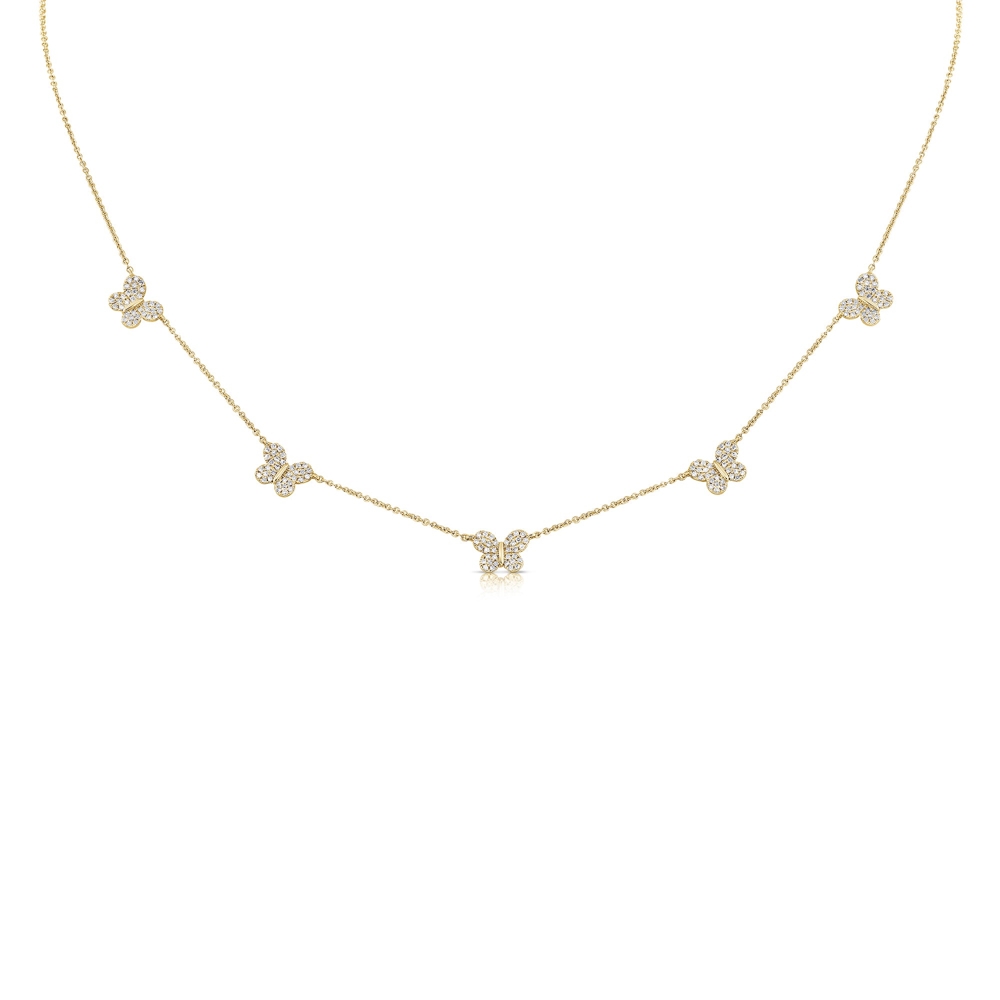 Diamond Butterfly Studded Necklace - 14K yellow gold weighing 3.23 grams - 170 round diamonds totaling 0.41 carats