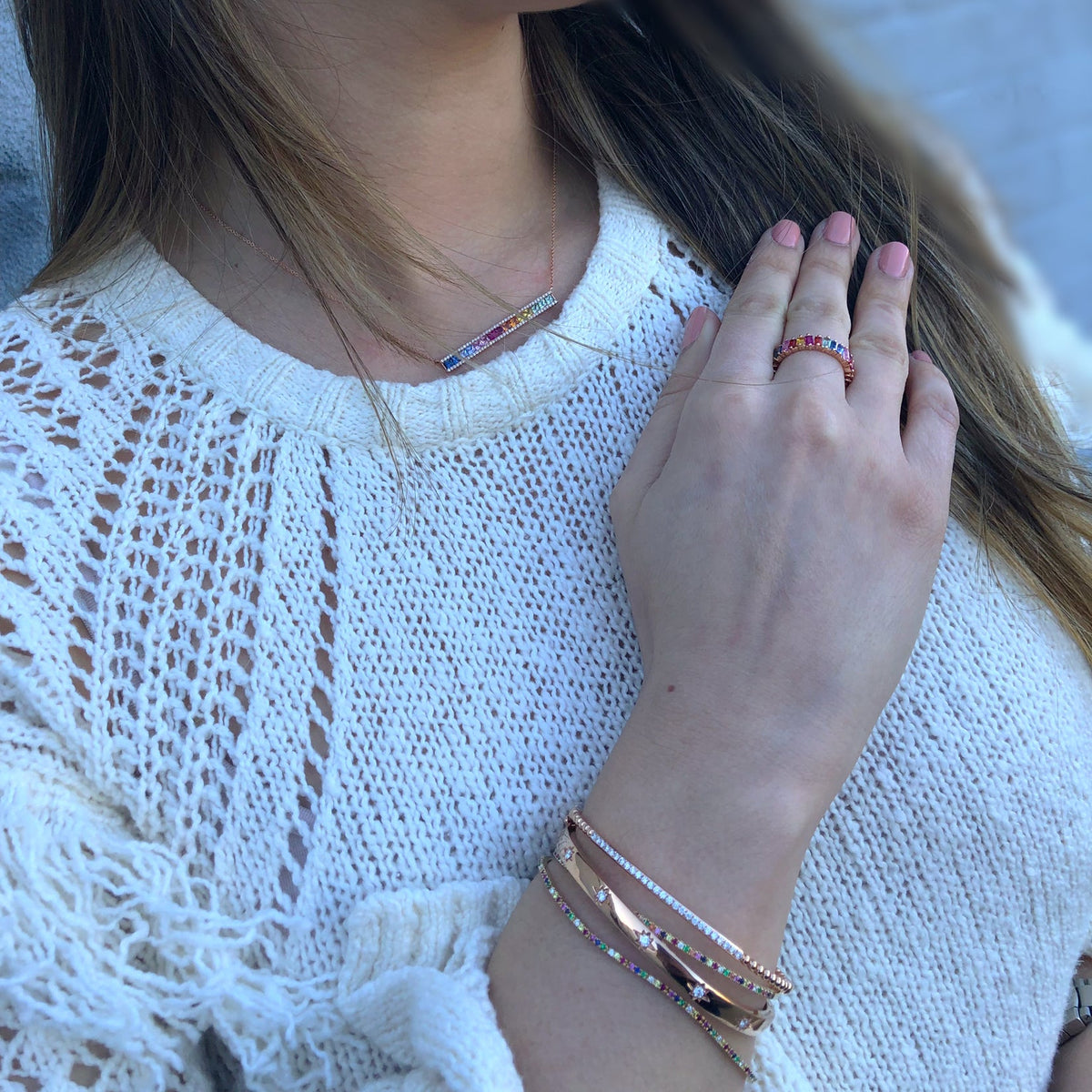 Female Model Wearing Multicolor Gemstone Tennis Bracelet  -14K gold weighing 6.96 grams  -53 multicolor gemstones totaling 4.46 carats