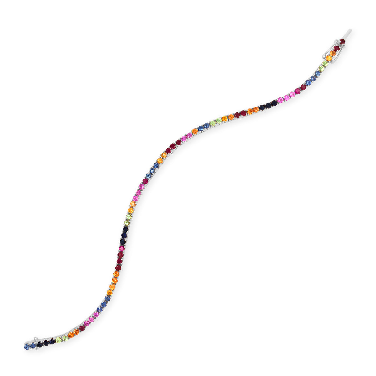 Multicolor Gemstone Tennis Bracelet  -14K gold weighing 6.96 grams  -53 multicolor gemstones totaling 4.46 carats