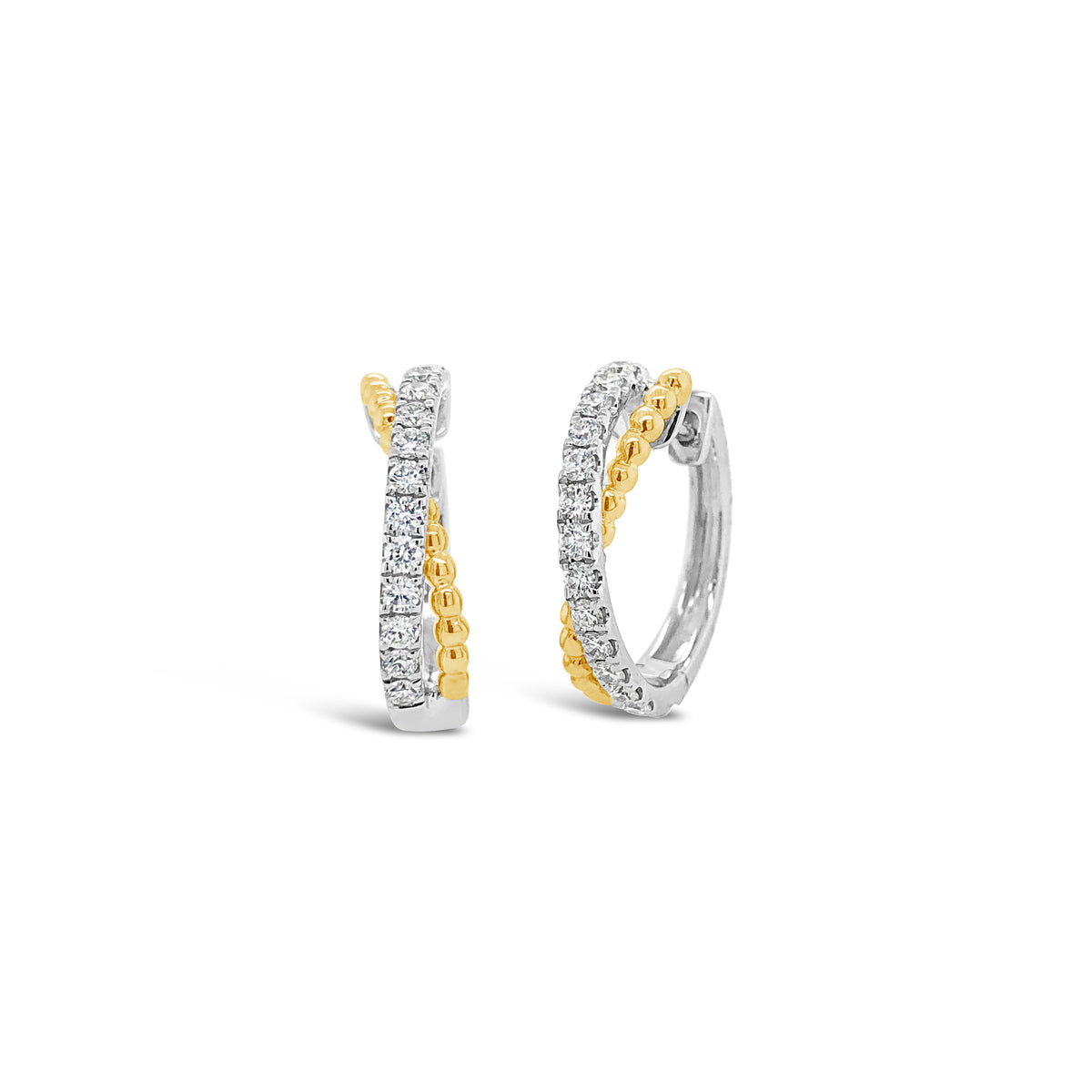 Half diamond half beaded gold huggie twist earrings -18k gold weighing 4.12 grams  -26 round diamonds weighing .41 carats