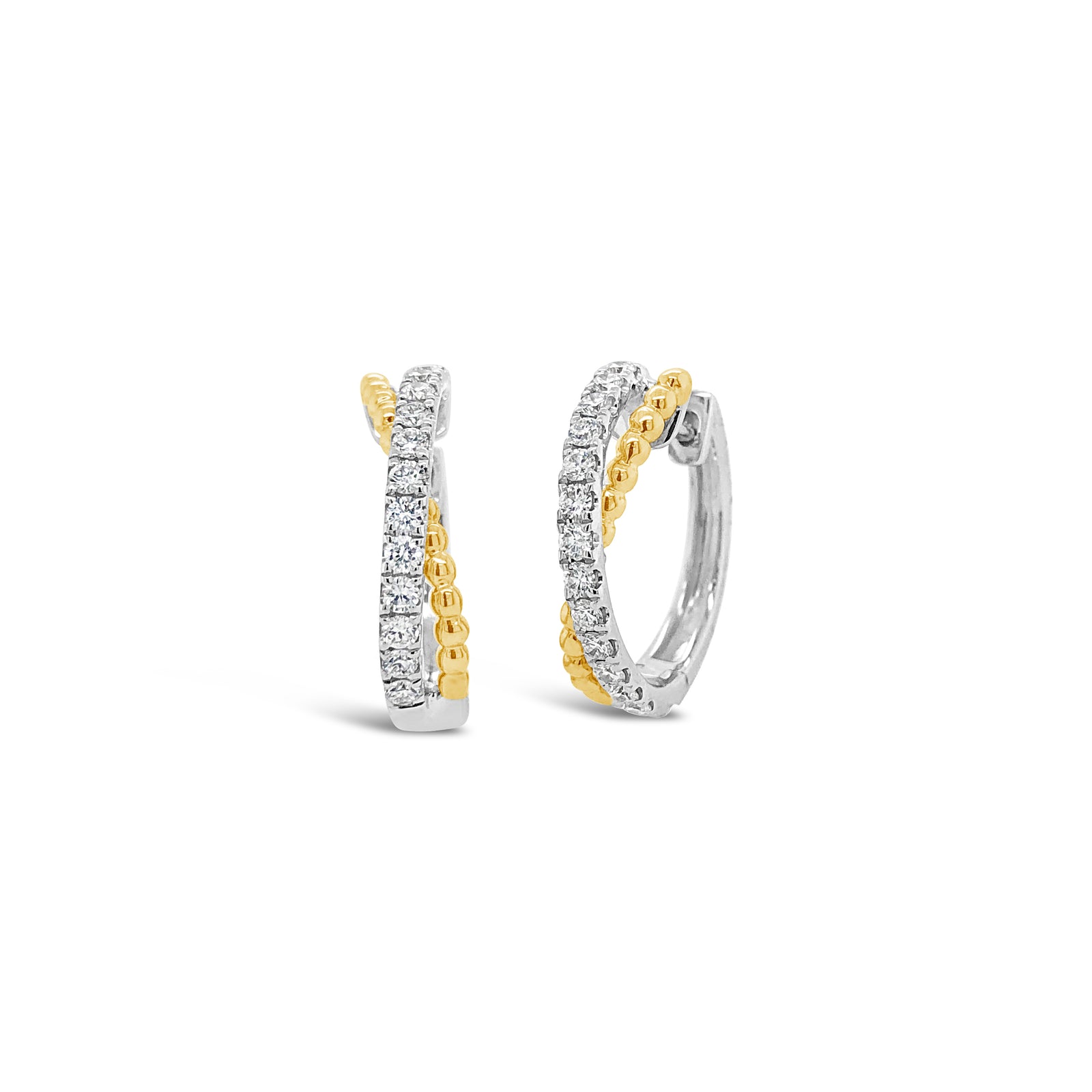 Half diamond half beaded gold huggie twist earrings -18k gold weighing 4.12 grams  -26 round diamonds weighing .41 carats