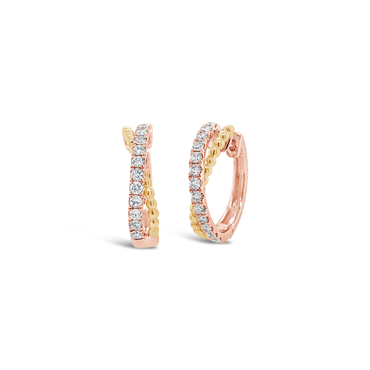 Half diamond half beaded gold huggie twist earrings -18k gold weighing 4.12 grams  -26 round diamonds weighing .41 carats