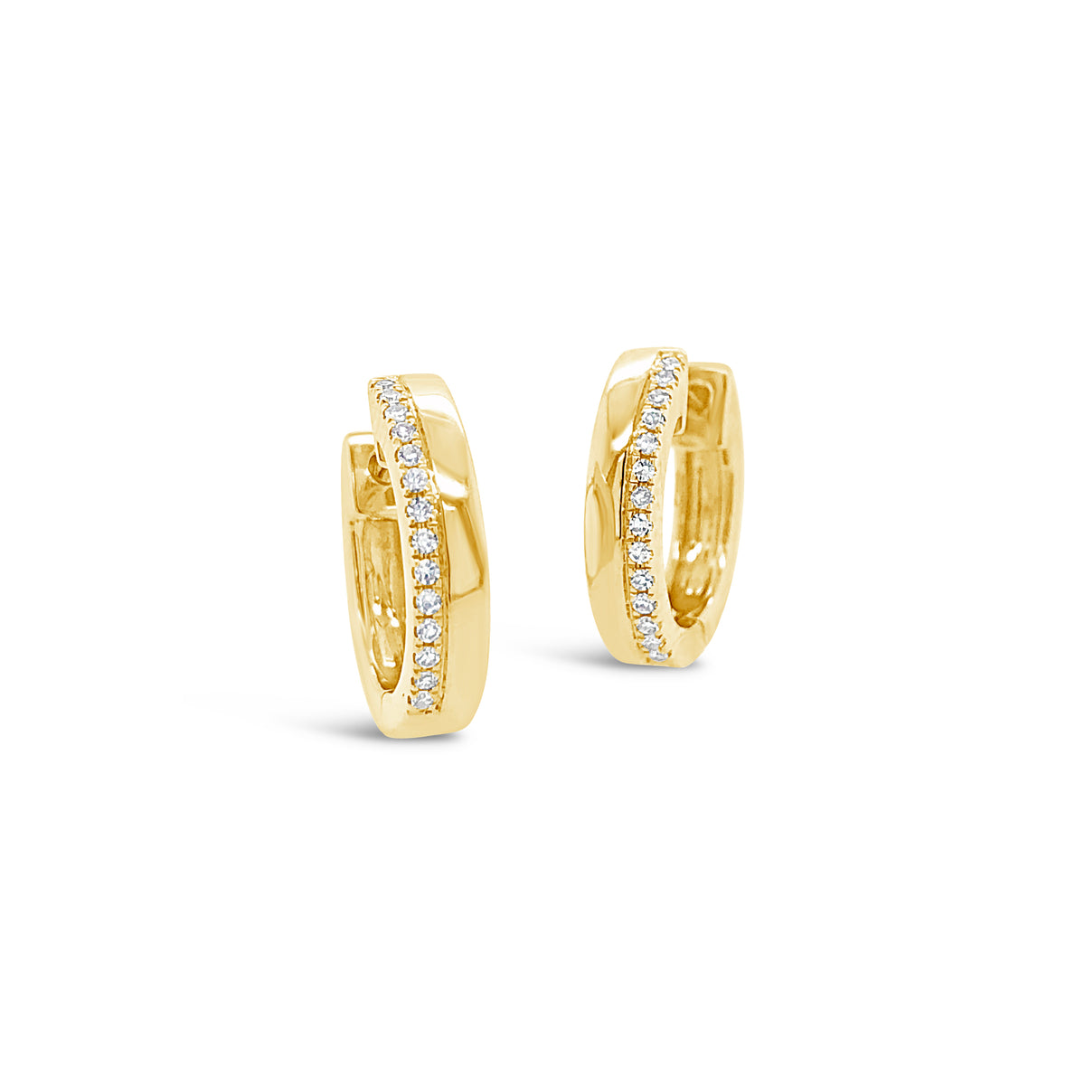 Half and Half Diamond and Gold Huggie Earrings -14k gold weighing 2.8 grams  - round diamonds weighing .08 carats