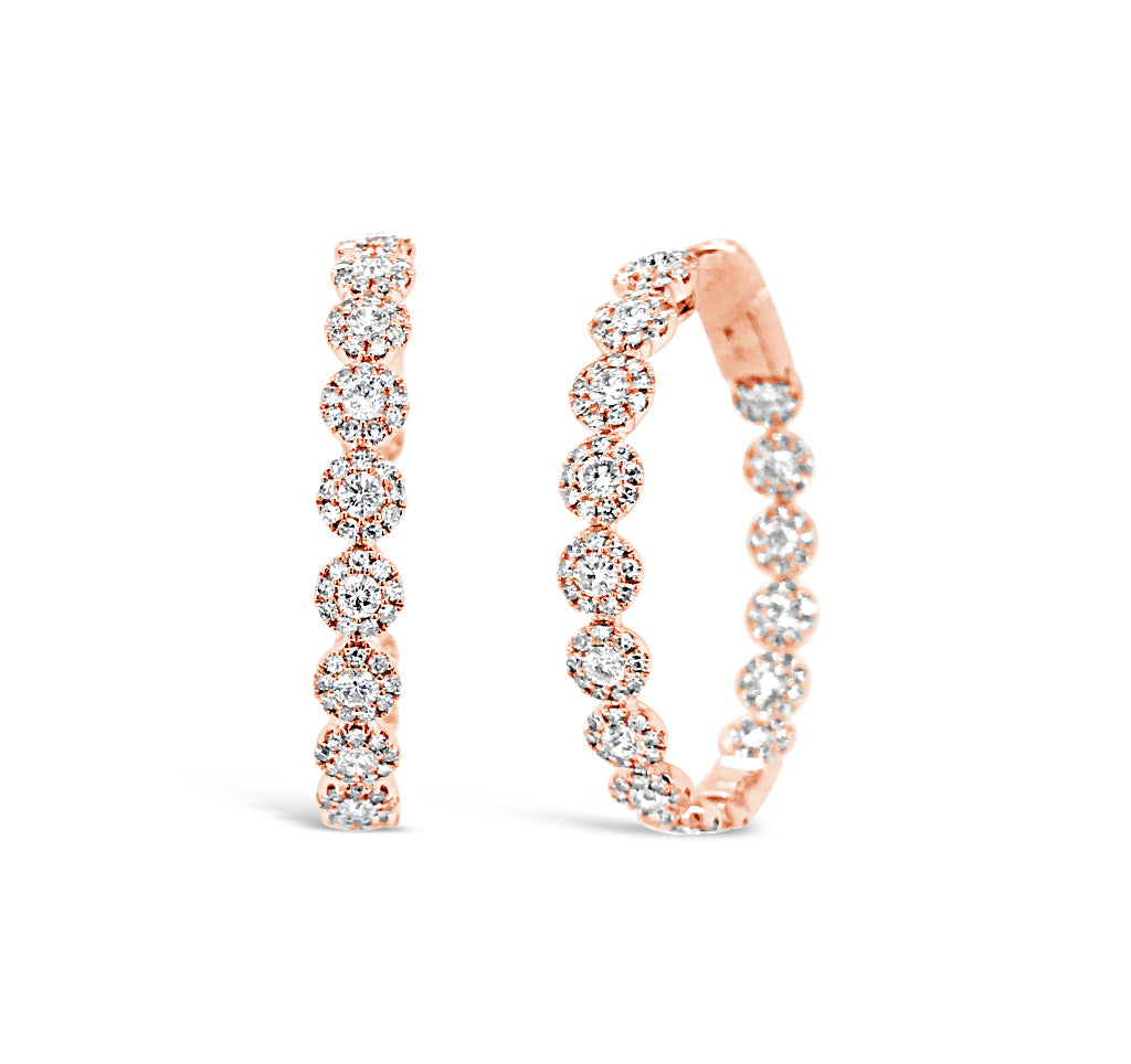 Diamond Halo Hoop Earrings -14k gold weighing 6.2 grams  -320 round diamond weighing 1.58 carats