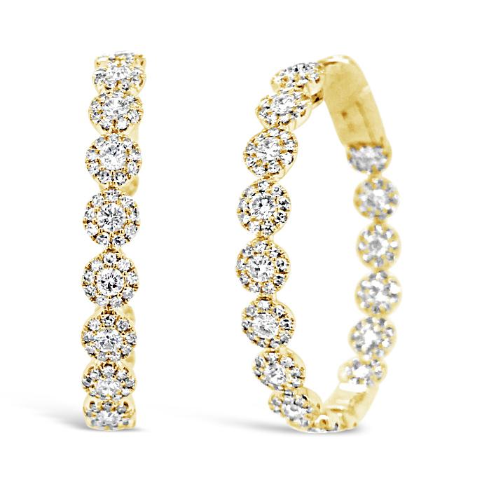 Diamond Halo Hoop Earrings -14k gold weighing 6.2 grams  -320 round diamond weighing 1.58 carats