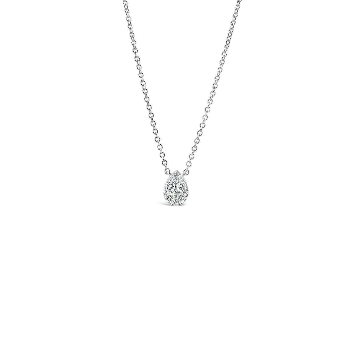 Diamond Teardrop Cluster Necklace  -14K gold weighing 1.40 grams  -12 round diamonds totaling 0.19 carats 