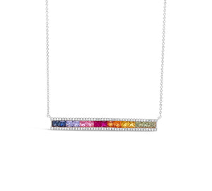 Rainbow Gemstone & Diamond Baguette Bar Necklace  -14k gold weighing 3.25 grams  -80 round diamonds weighing .22 carats  -15 multi-color gemstones weighing 1.7 carats