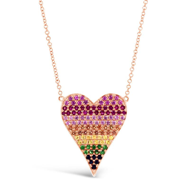 Rainbow Gemstone Heart Pendant Necklace  -14k gold weighing 3.25 grams  -103 multi-colored gemstones weighing 1.25 carats